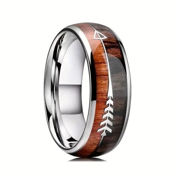 Straight N' Arrow Whisky Barrel Inlay Titanium Steel Ring (Sizes #9-12) - Picture 2 of 4